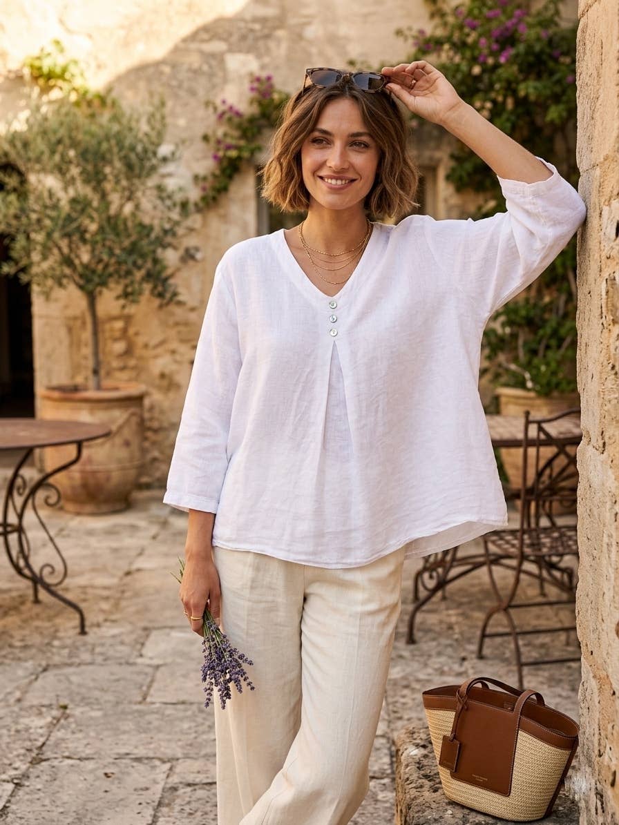 5548 Loose Linen Blouse with Buttoned Neckline: Jeans