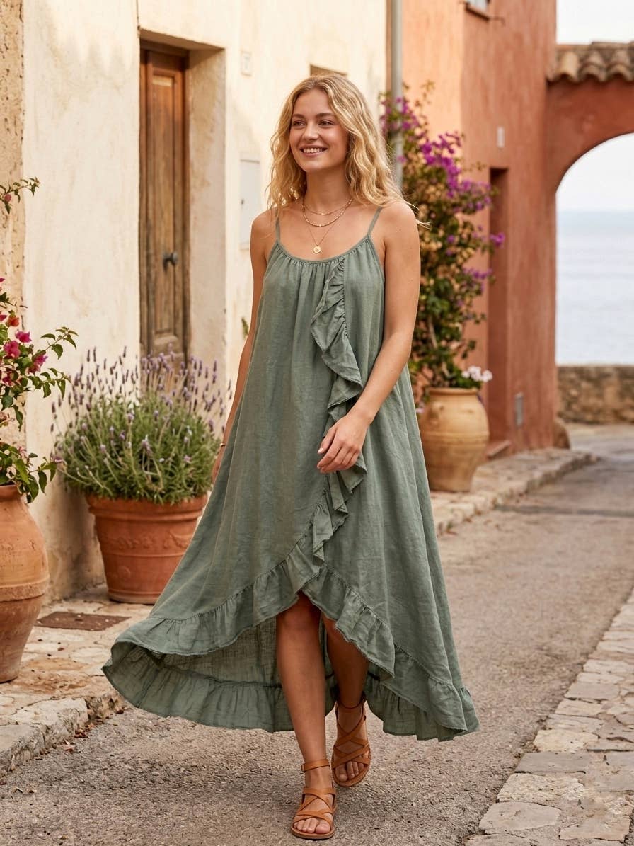 Long Asymmetric Linen Dress with Ruffles