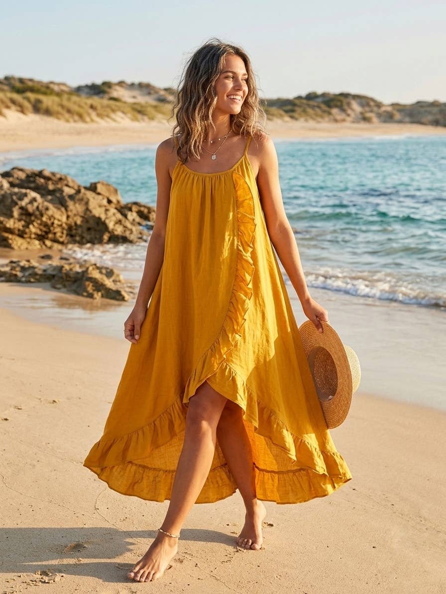 Long Asymmetric Linen Dress with Ruffles