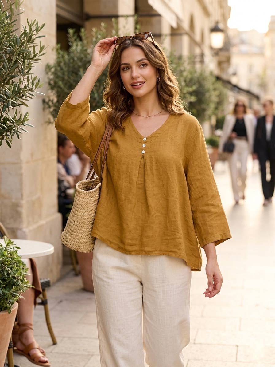 5548 Loose Linen Blouse with Buttoned Neckline: Jeans