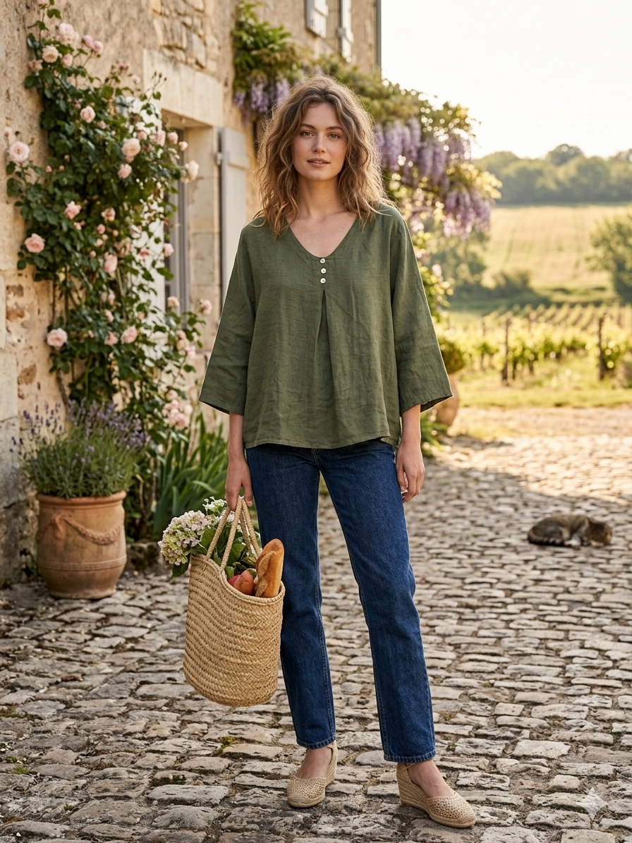 5548 Loose Linen Blouse with Buttoned Neckline: Jeans
