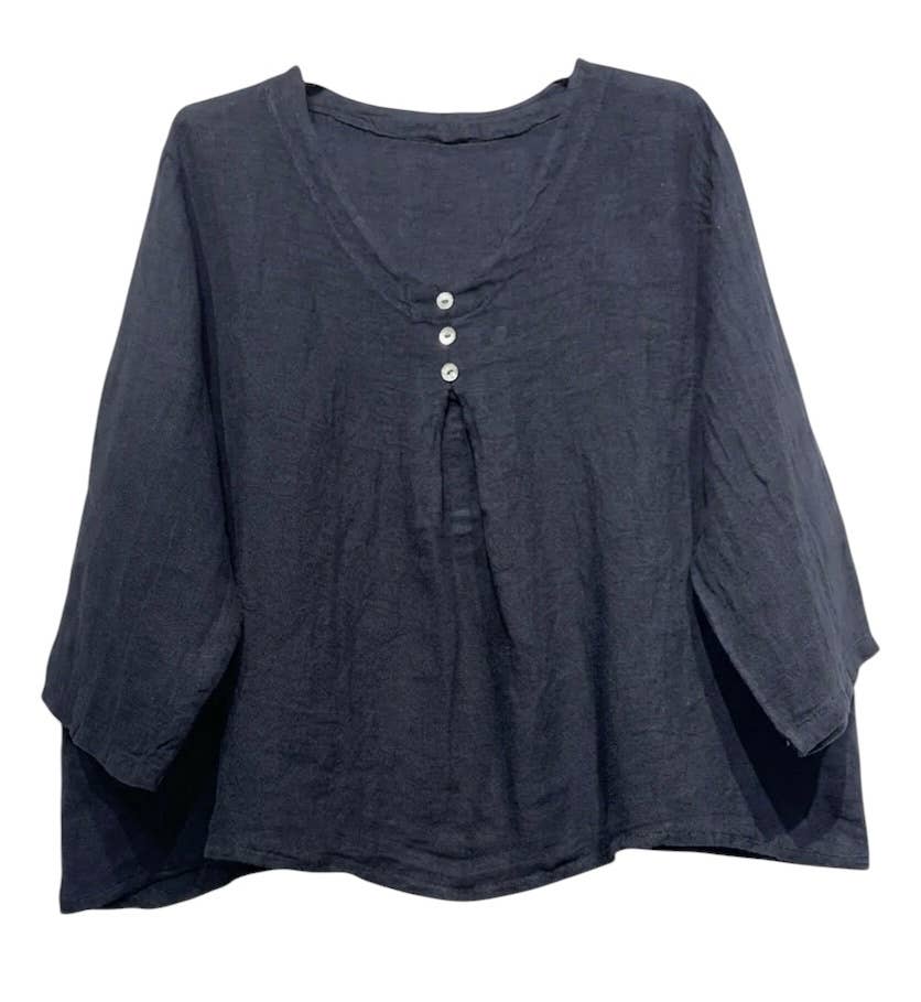 5548 Loose Linen Blouse with Buttoned Neckline: Jeans