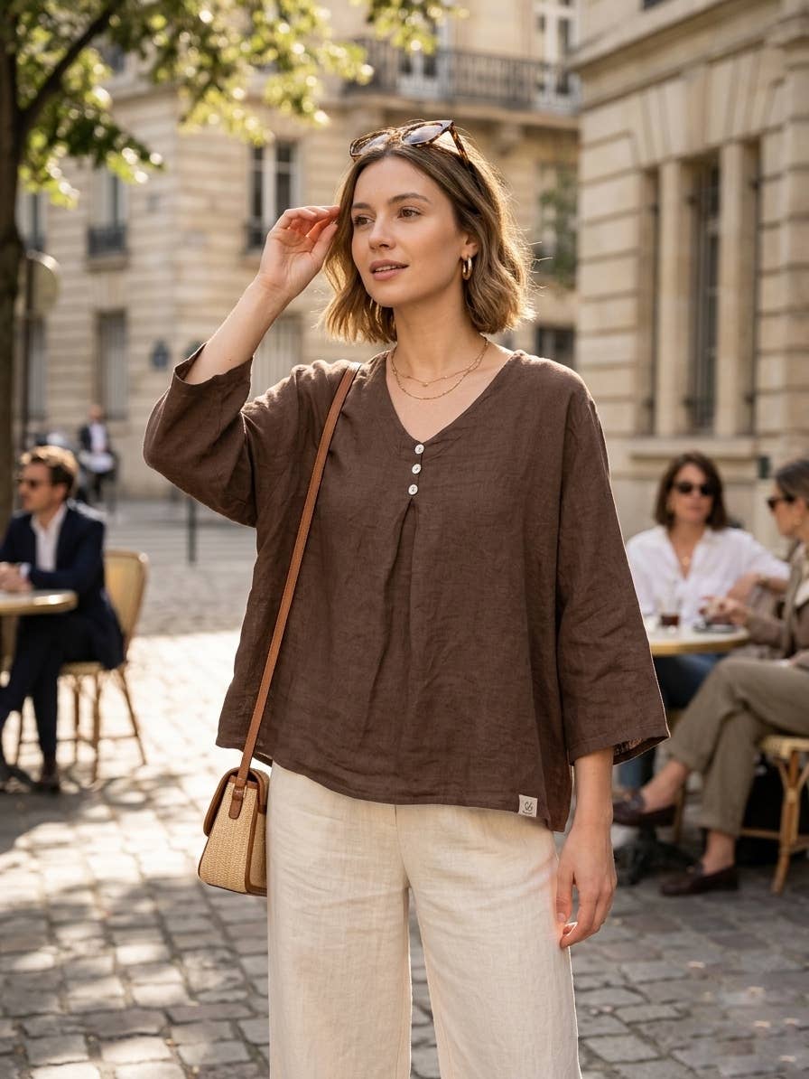 5548 Loose Linen Blouse with Buttoned Neckline: Jeans