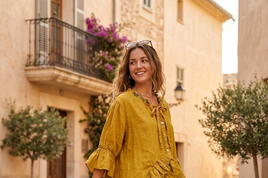 49732 Bohemian Linen Blouse with Ruffles and Eyelet Embroidery