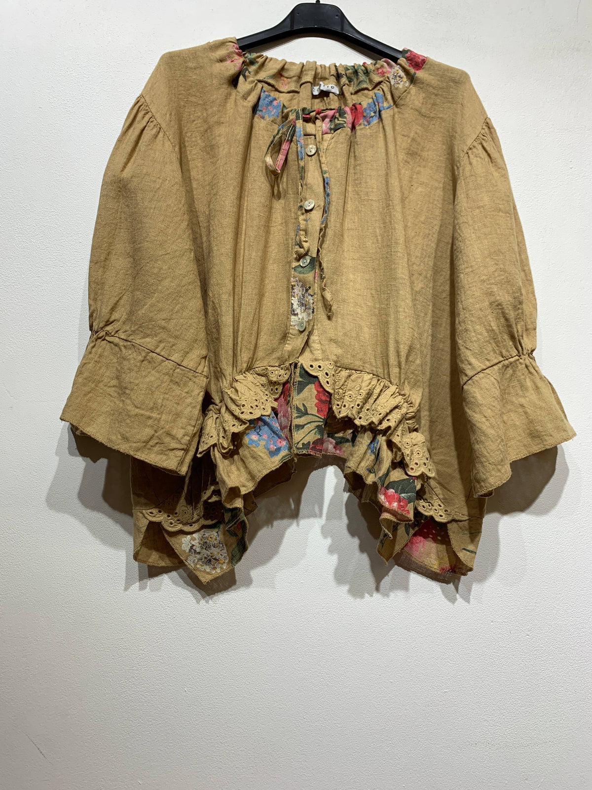 49732 Bohemian Linen Blouse with Ruffles and Eyelet Embroidery