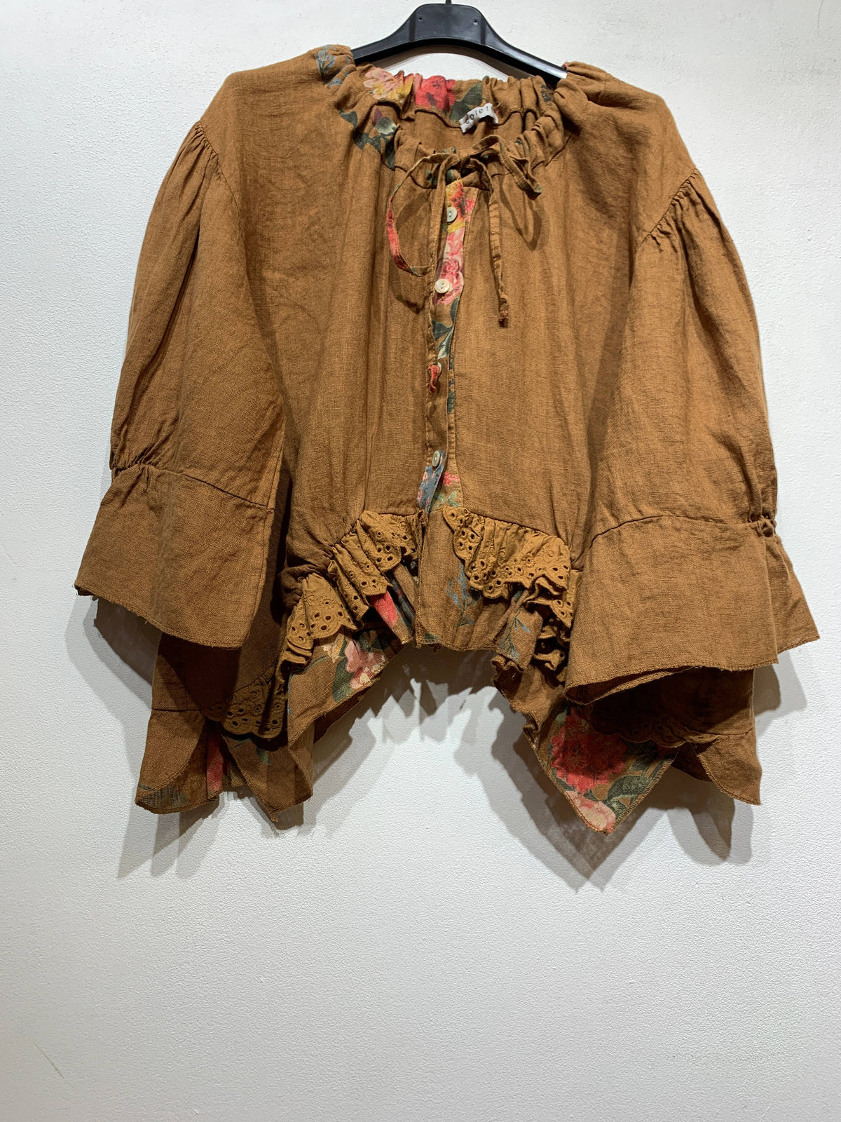 49732 Bohemian Linen Blouse with Ruffles and Eyelet Embroidery