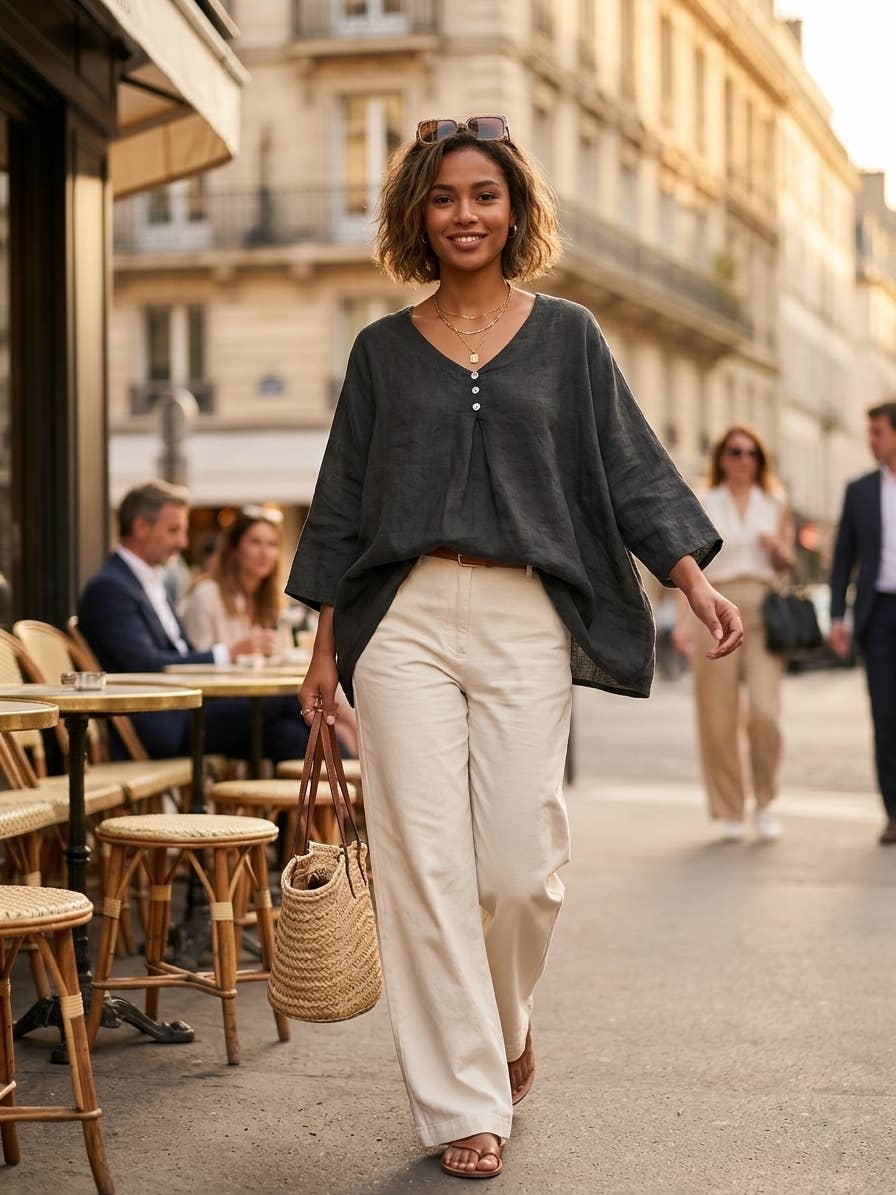 5548 Loose Linen Blouse with Buttoned Neckline: Jeans