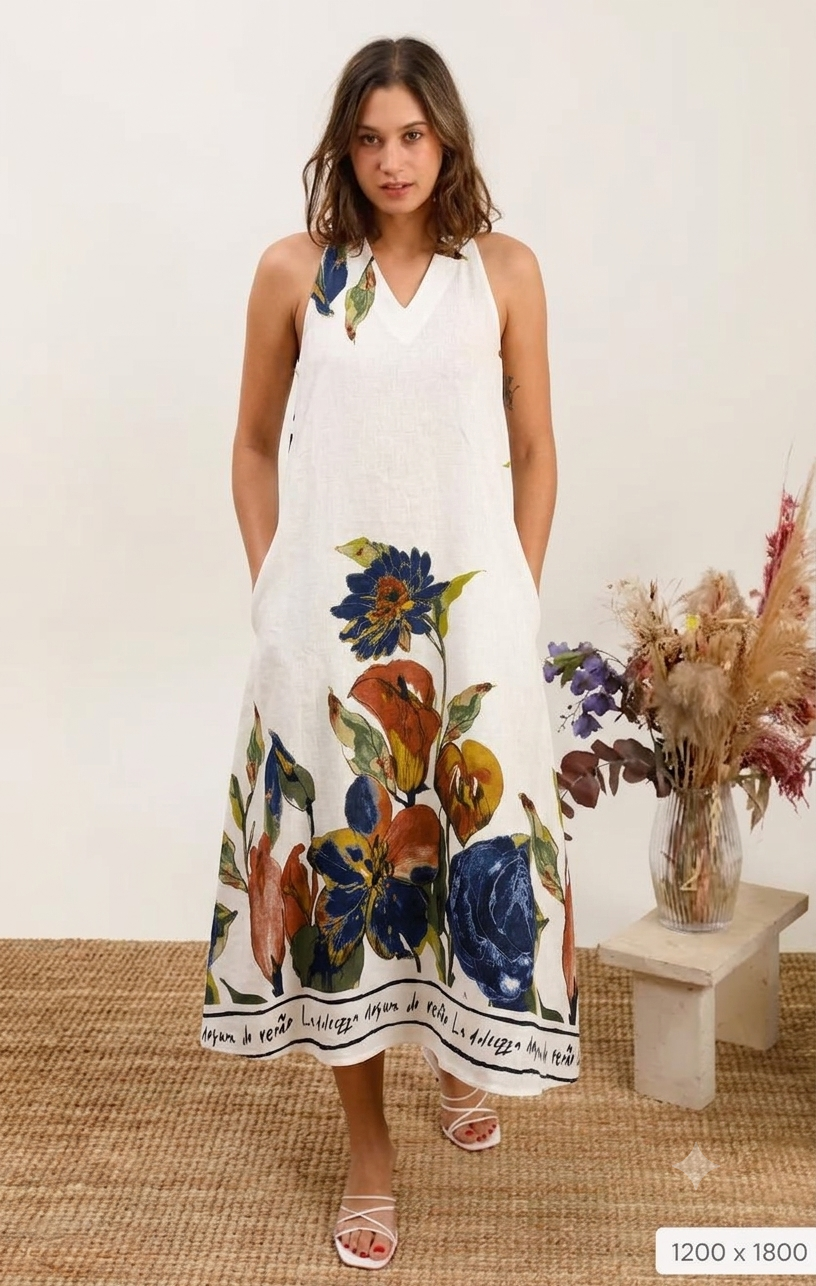 Linen Dress Large Flower Print