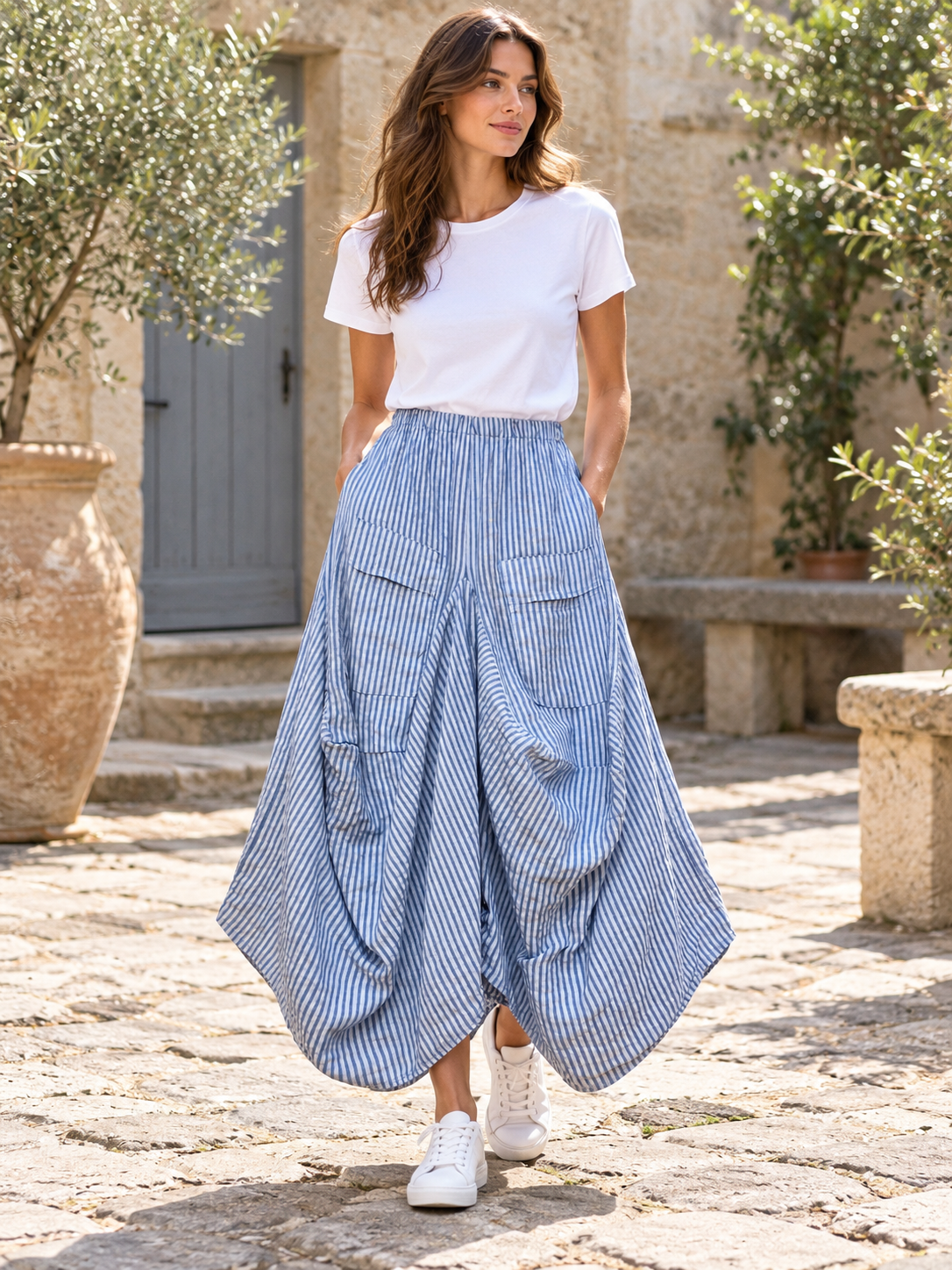 Striped Linen Skirt with Pockets
