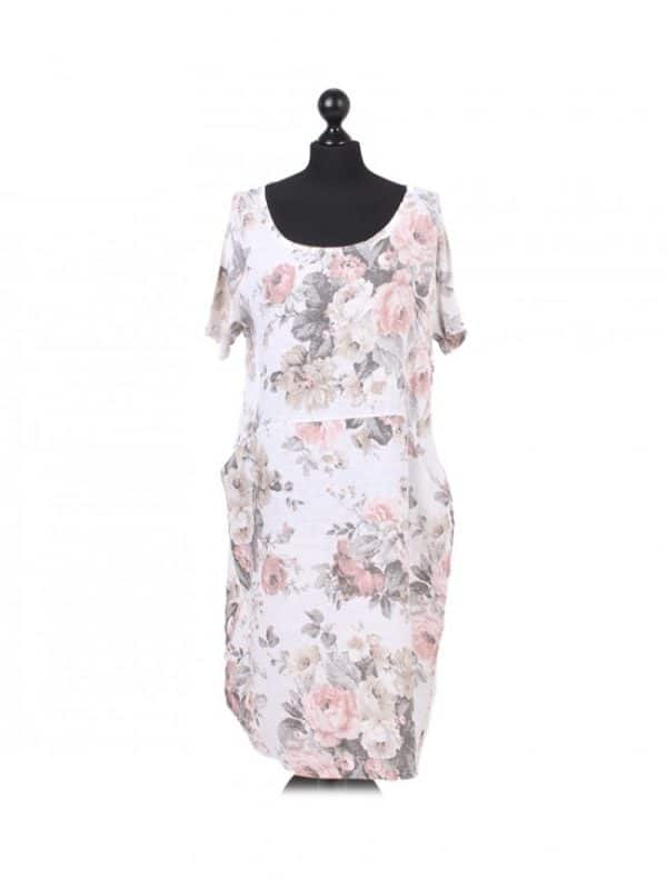 Italian Floral Print Side Ribbed Linen Lagenlook Dress White 1