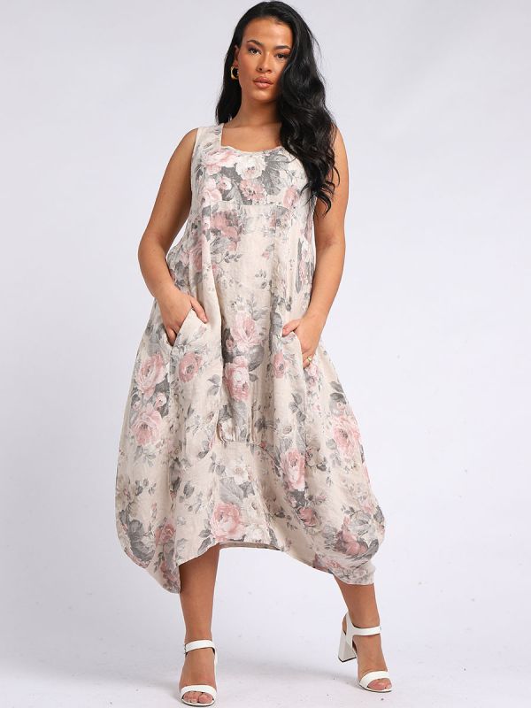 italian square neck floral print sleeveless linen dress