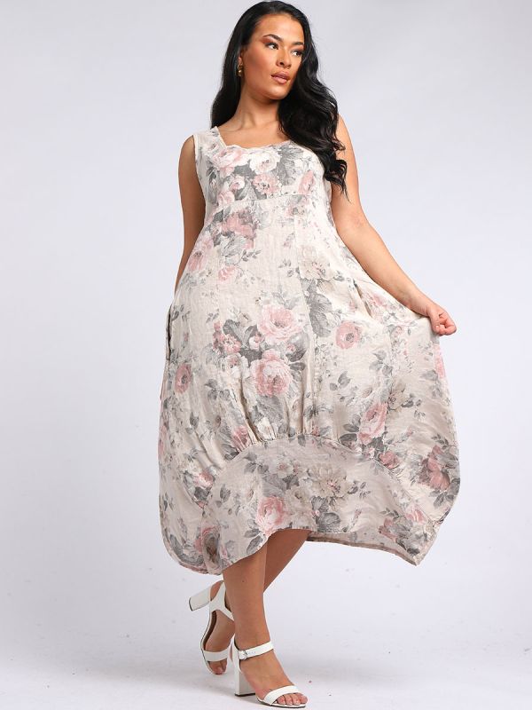italian square neck floral print sleeveless linen dress