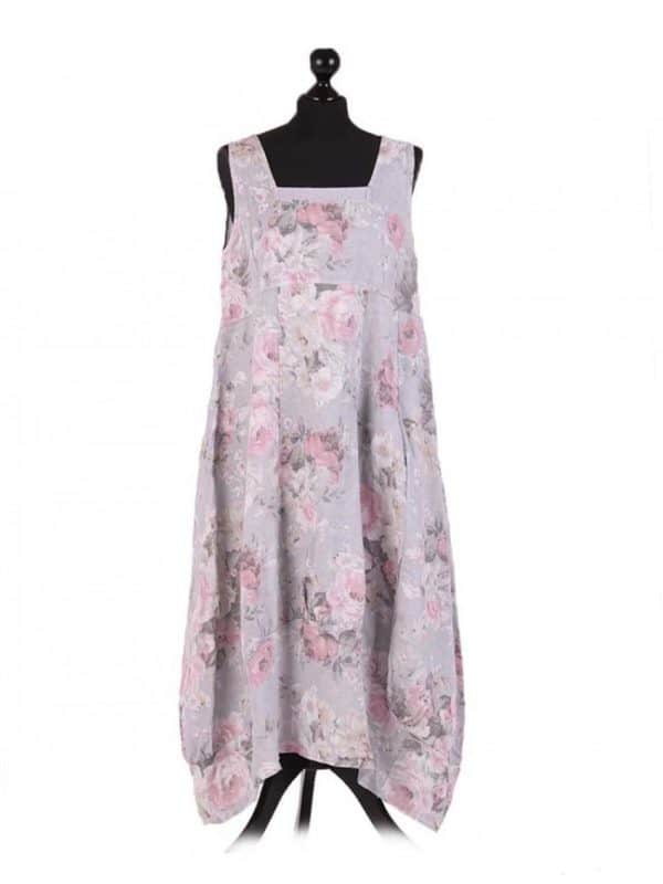 Italian Square Neck Floral Print Sleeveless Linen Dress Light Grey[1]