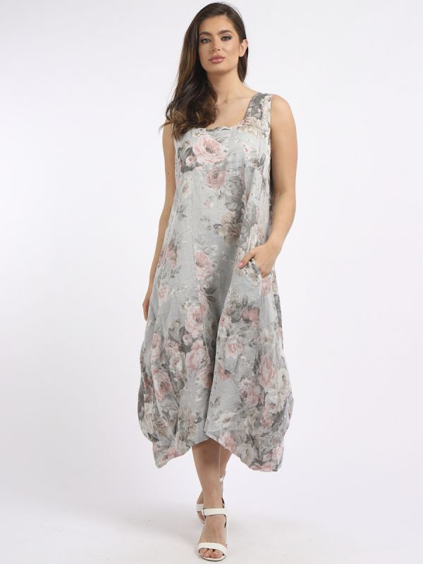 italian square neck floral print sleeveless linen dress