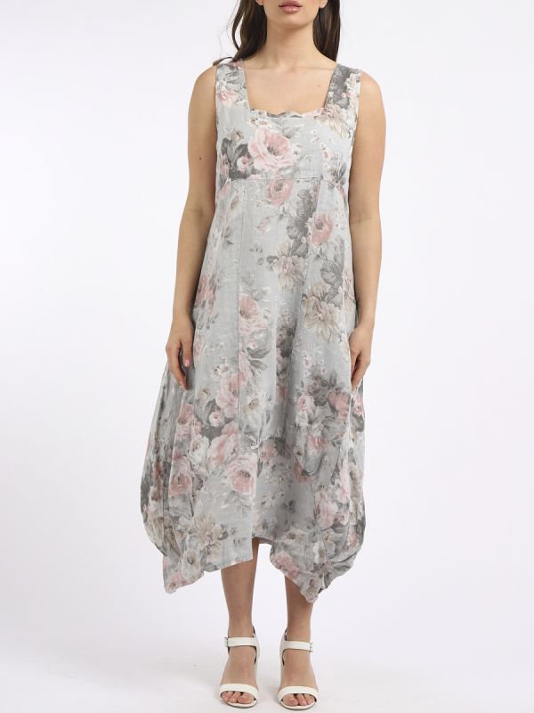 italian square neck floral print sleeveless linen dress