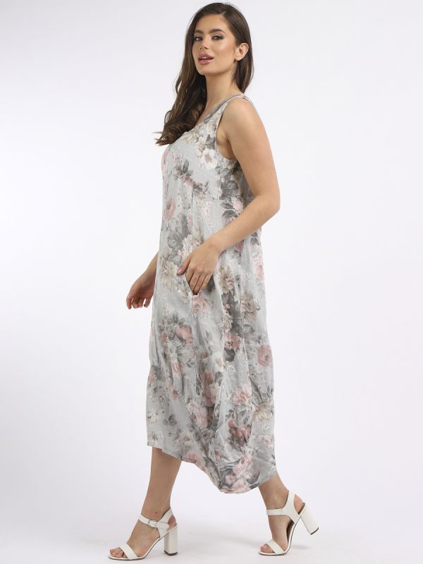 italian square neck floral print sleeveless linen dress