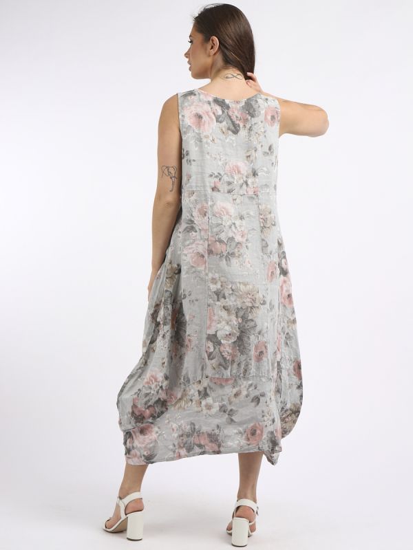 italian square neck floral print sleeveless linen dress