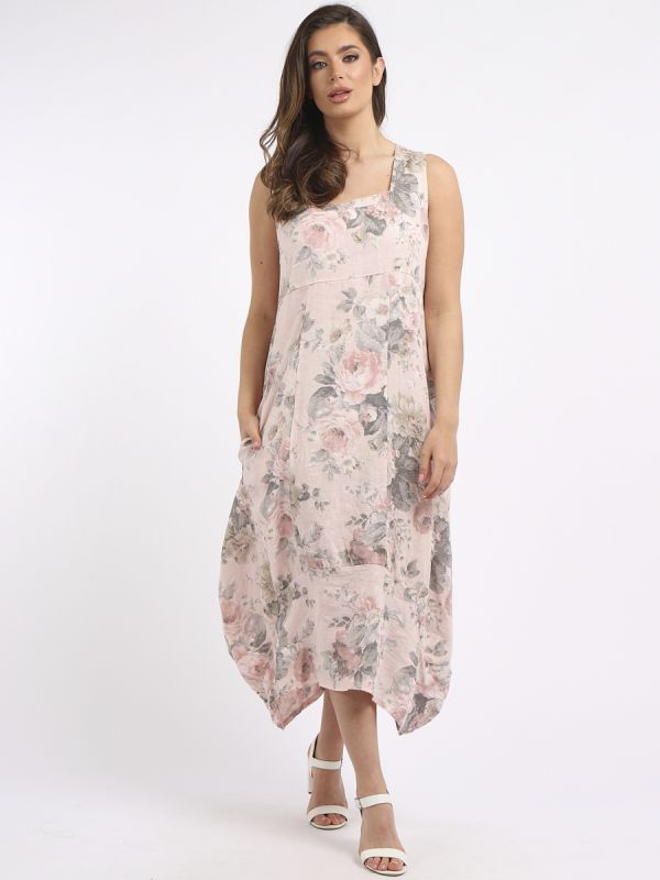 italian square neck floral print sleeveless linen dress